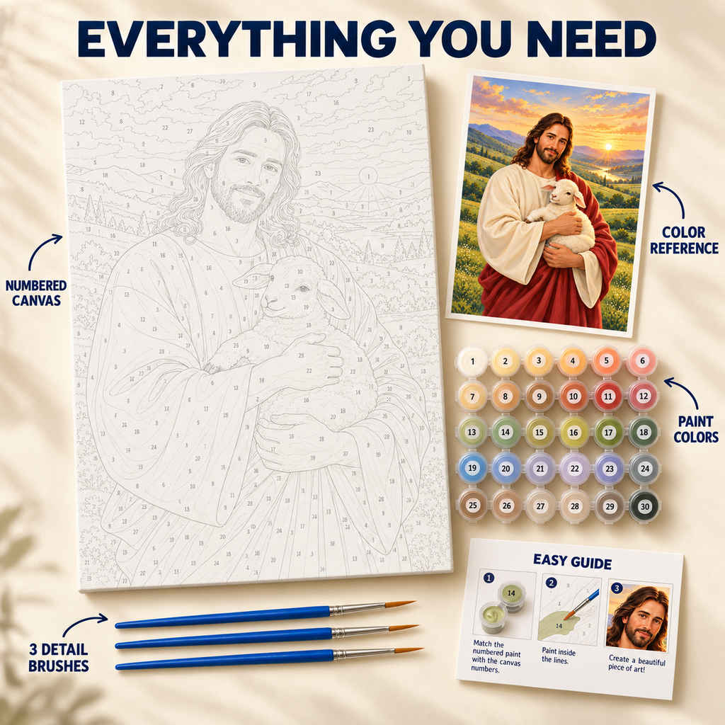 The Good Shepherd paint by numbers kit with numbered canvas, paint pots, three brushes, color reference and painting guide