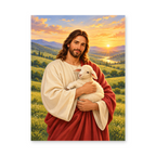 Jesus holding a white lamb against green hills and a golden sunset - Christian paint by numbers artwork