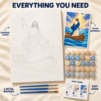 Peace Be Still paint by numbers kit with numbered canvas, paint pots, three brushes, color reference and painting guide