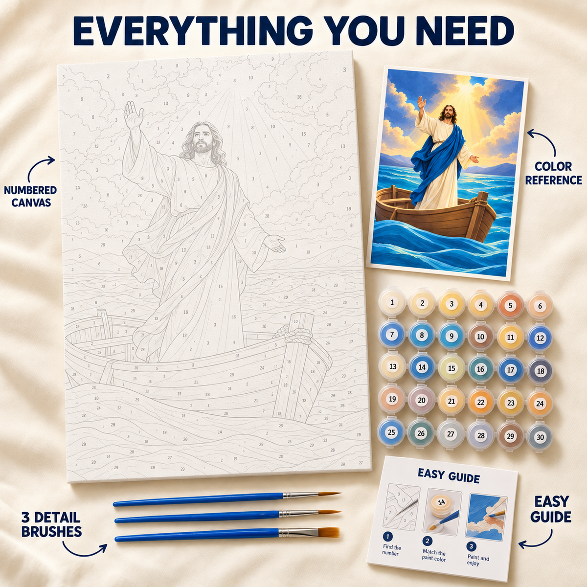 Peace Be Still paint by numbers kit with numbered canvas, paint pots, three brushes, color reference and painting guide
