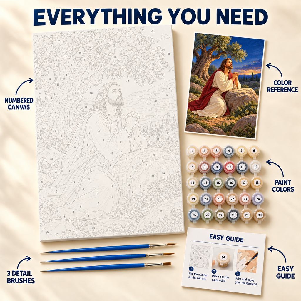 Gethsemane Prayer paint by numbers kit with numbered canvas, paint pots, three brushes, color reference and painting guide