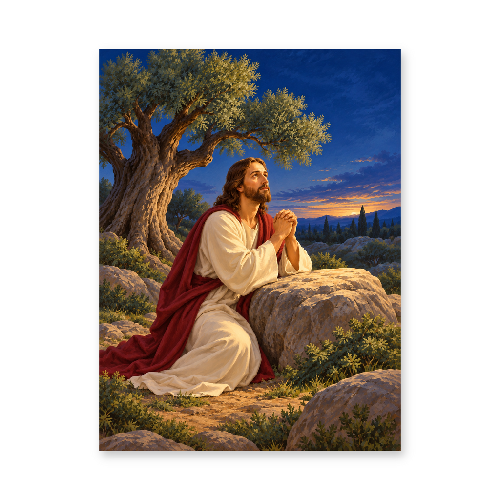 Jesus kneeling in prayer beside a rock and an olive tree under a deep blue evening sky - Christian paint by numbers artwork