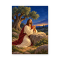 Jesus kneeling in prayer beside a rock and an olive tree under a deep blue evening sky - Christian paint by numbers artwork