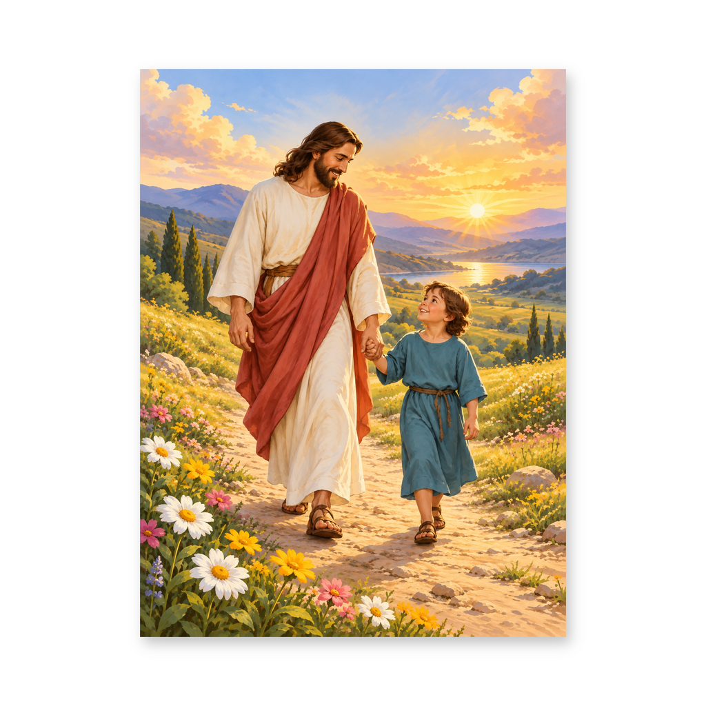Jesus walking hand in hand with a child along a flower-lined path at sunset - Christian paint by numbers artwork