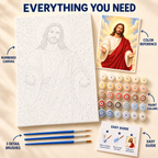 Welcoming Grace paint by numbers kit with numbered canvas, paint pots, three brushes, color reference and painting guide