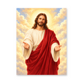 Jesus in white and red robes extending both hands amid glowing golden clouds - Christian paint by numbers artwork