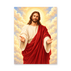 Jesus in white and red robes extending both hands amid glowing golden clouds - Christian paint by numbers artwork