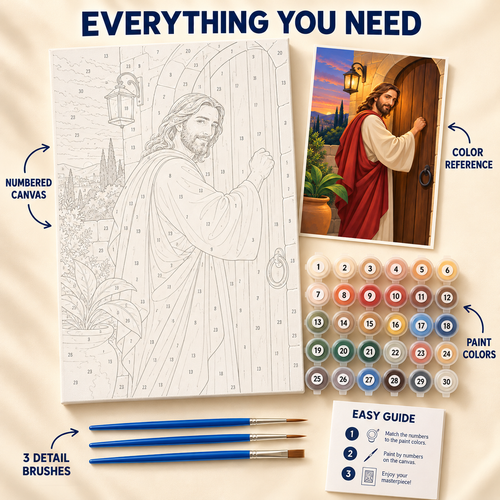 At the Door paint by numbers kit with numbered canvas, paint pots, three brushes, color reference and painting guide