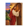 Jesus knocking on a wooden door beside a glowing lantern at dusk - Christian paint by numbers artwork
