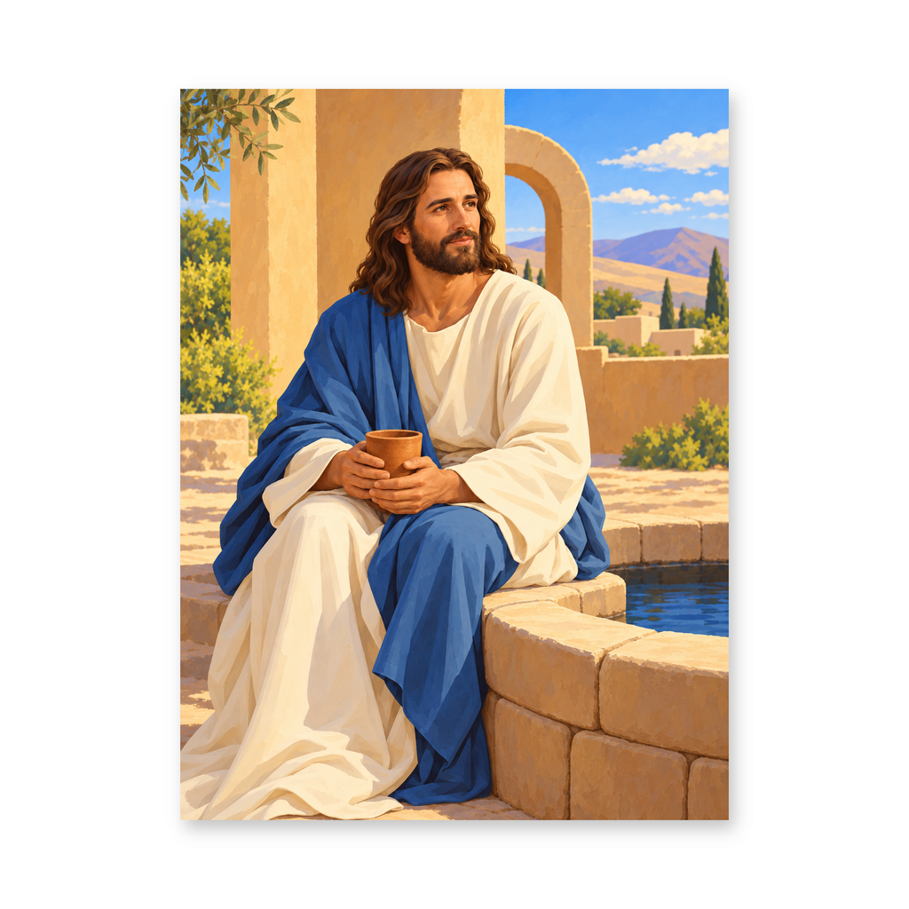 Jesus seated beside a stone well holding a cup in a sunlit courtyard - Christian paint by numbers artwork