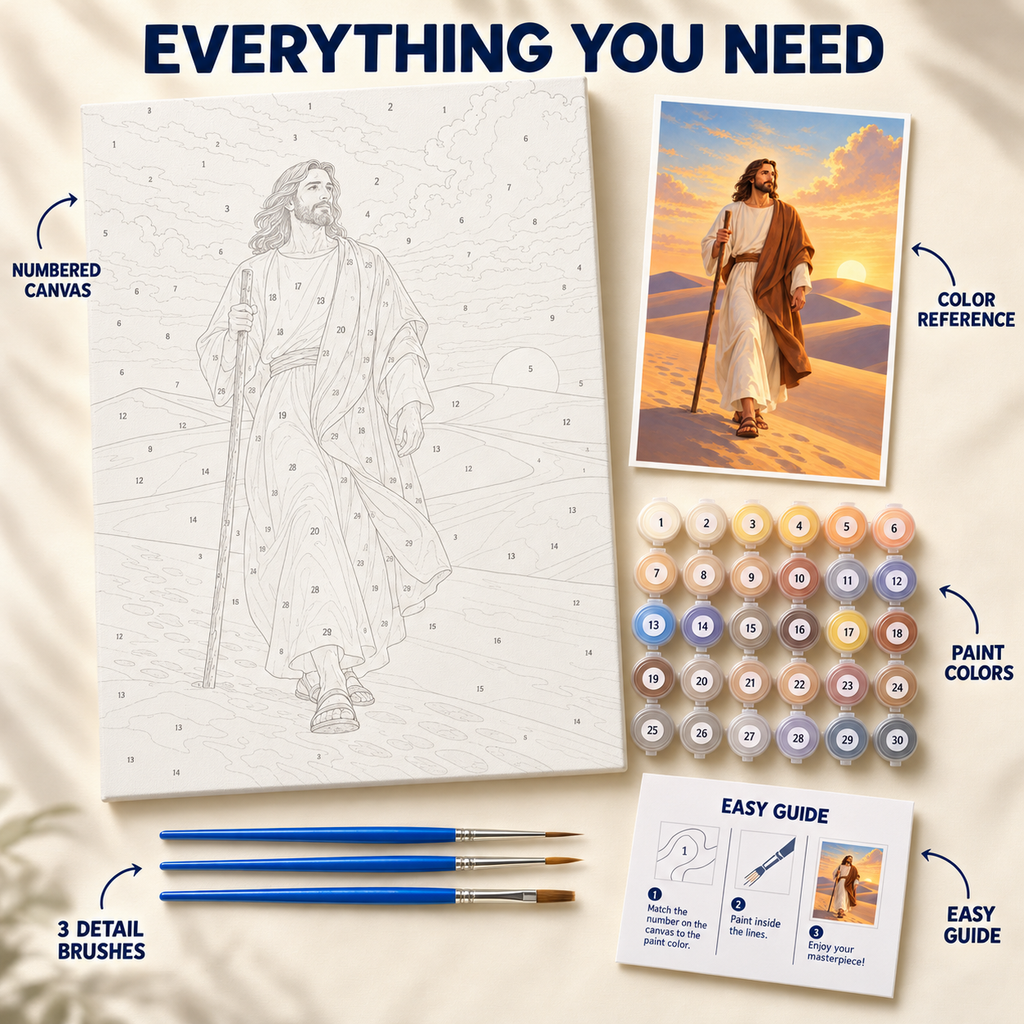 Desert Journey paint by numbers kit with numbered canvas, paint pots, three brushes, color reference and painting guide