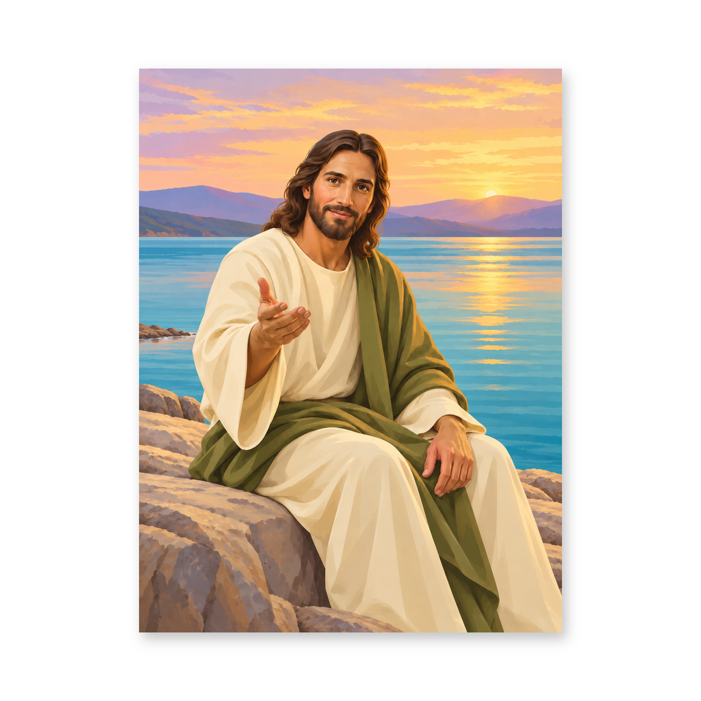 Jesus seated beside calm water at sunset, extending one hand in welcome - Christian paint by numbers artwork