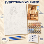 The Carpenter paint by numbers kit with numbered canvas, paint pots, three brushes, color reference and painting guide