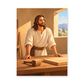 Jesus standing at a wooden workbench with a mallet and boards in a sunlit carpentry workshop - Christian paint by numbers artwork