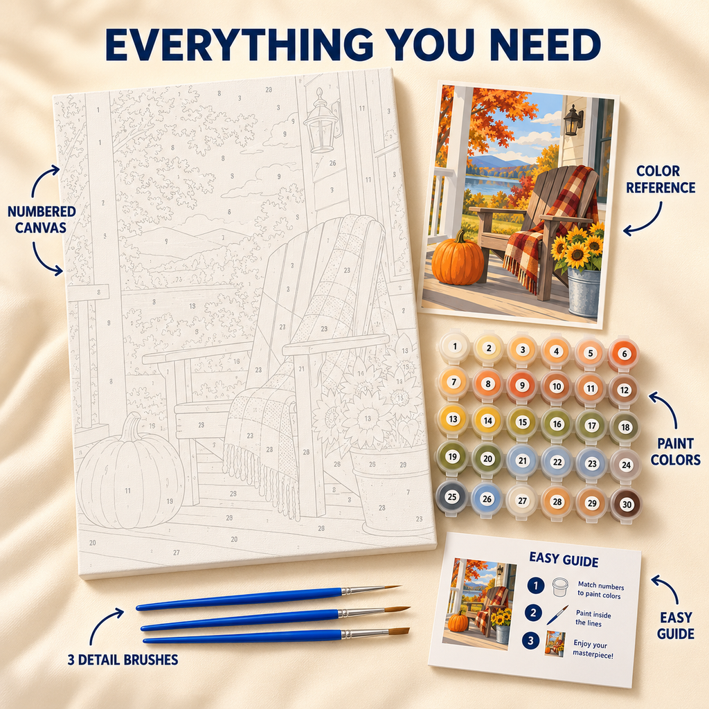 Autumn Porch paint by numbers kit showing numbered canvas, paint pots, three brushes, reference and guide