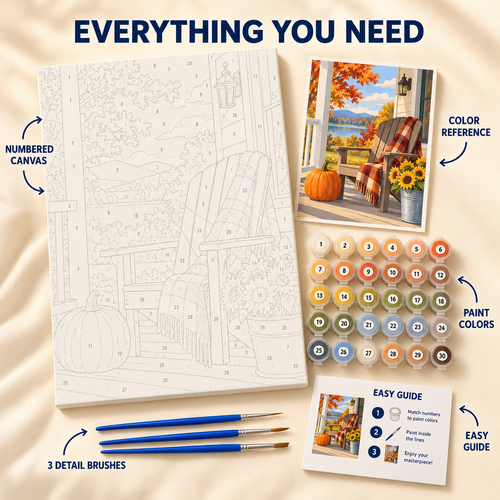 Autumn Porch paint by numbers kit showing numbered canvas, paint pots, three brushes, reference and guide