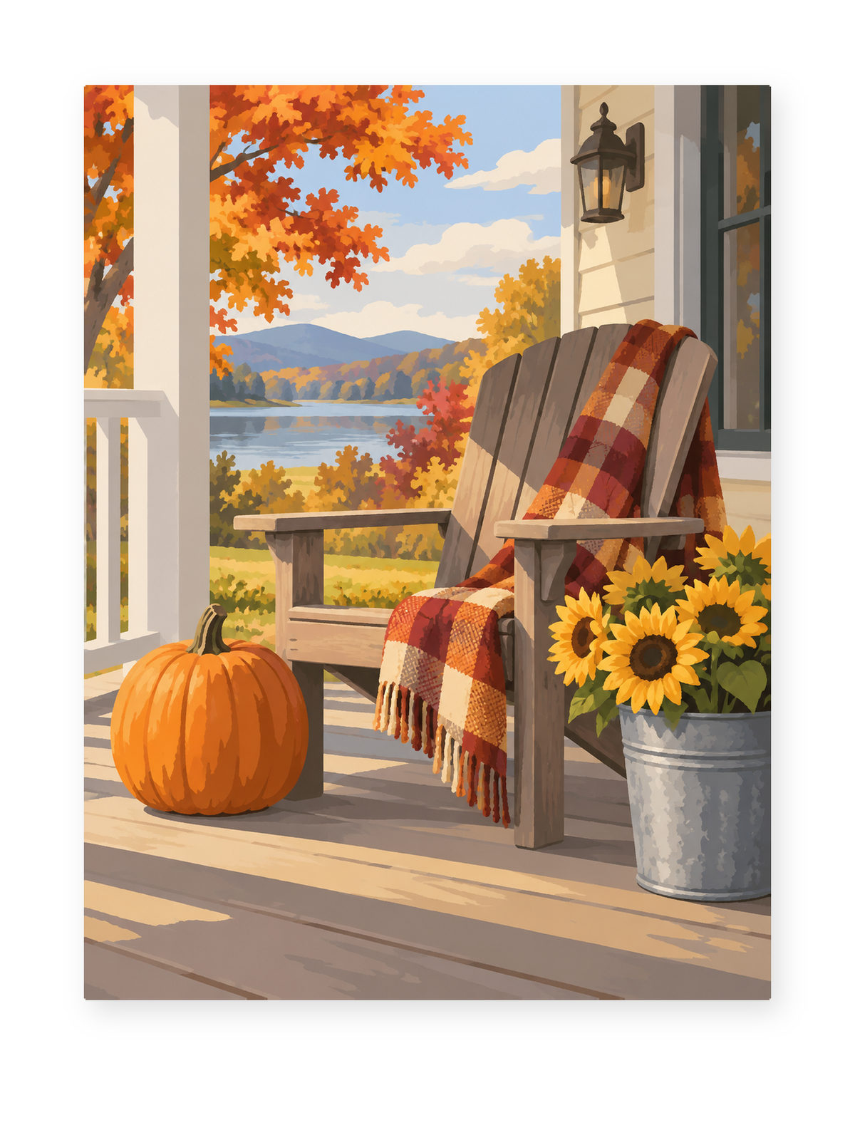 An autumn porch with a rocking chair, pumpkin and sunflowers overlooking distant hills - paint by numbers artwork