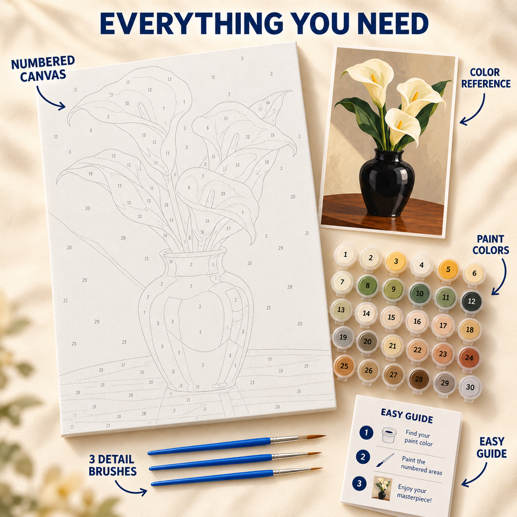 Ivory Calla Lilies paint by numbers kit showing numbered canvas, paint pots, three brushes, reference and guide