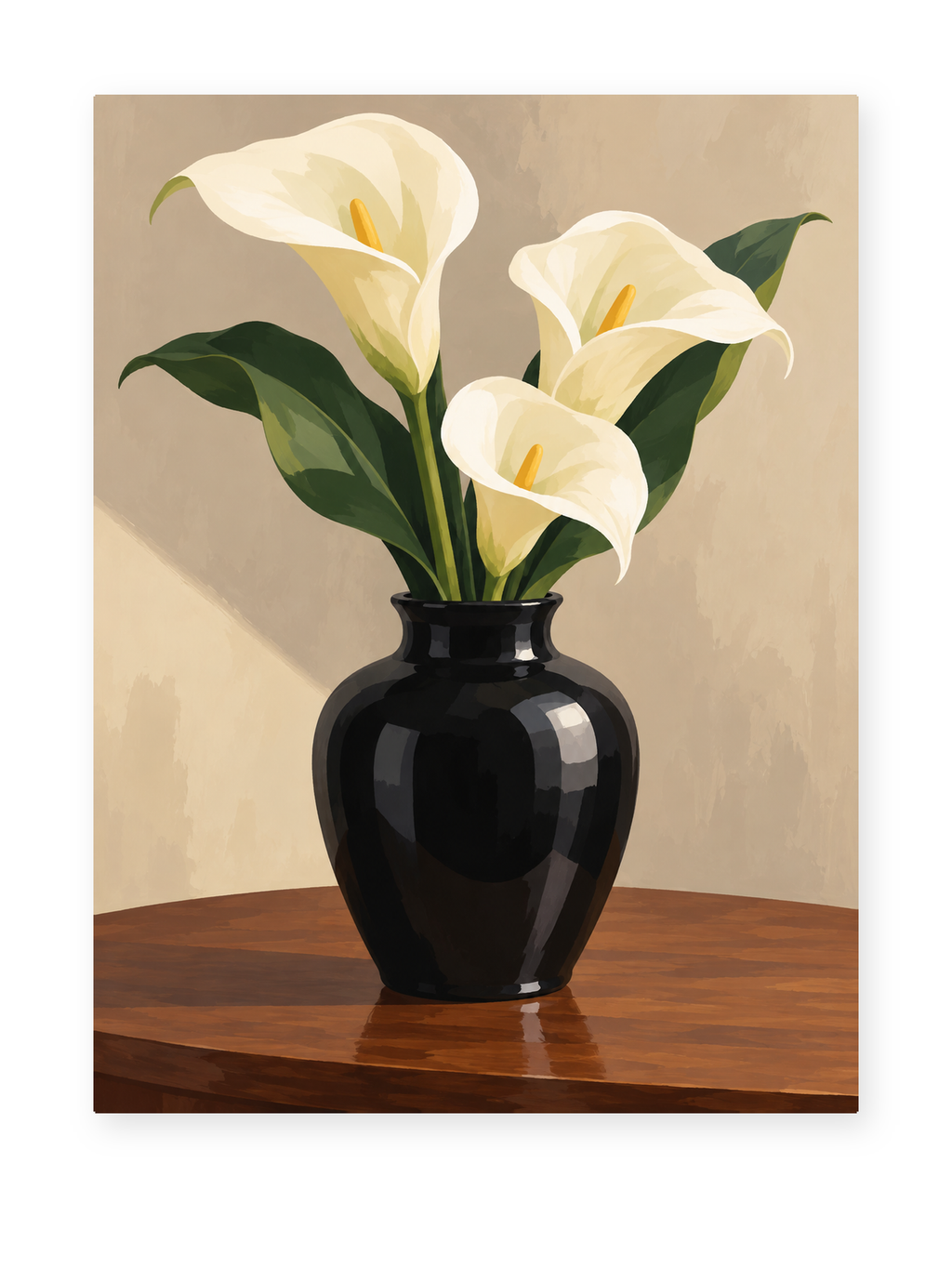 Ivory calla lilies in a glossy black vase - paint by numbers artwork
