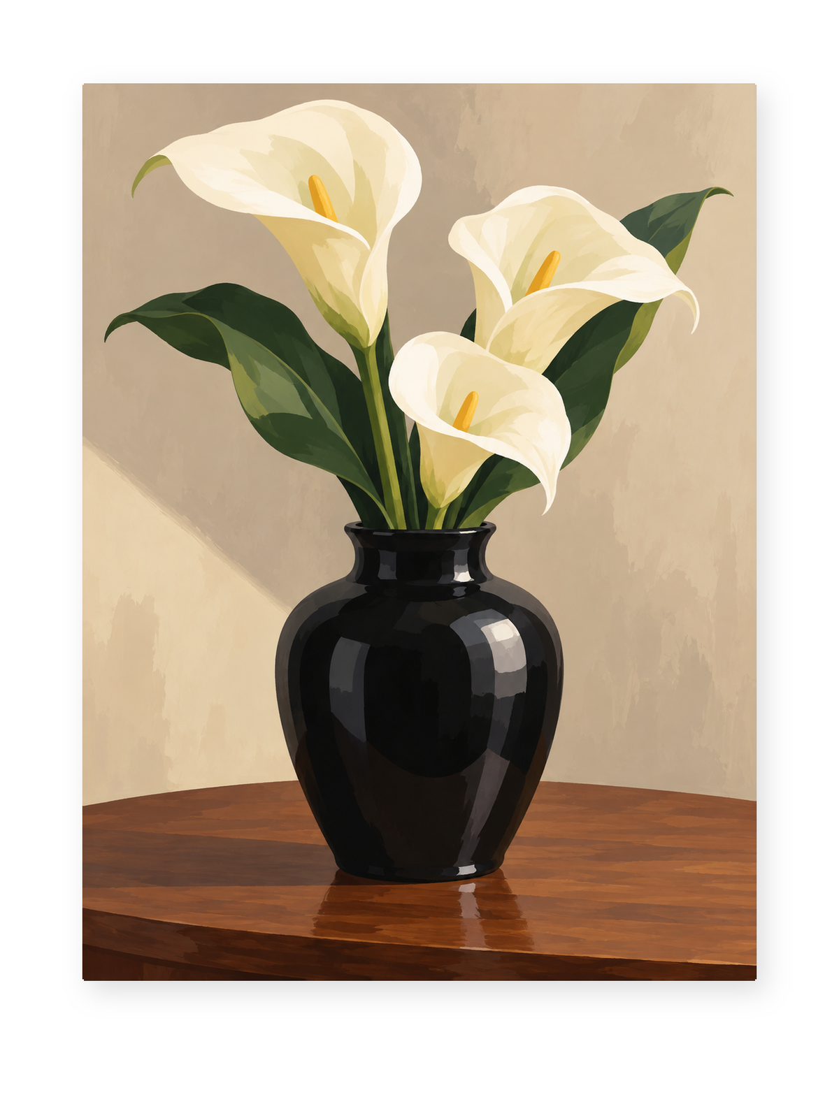Ivory calla lilies in a glossy black vase - paint by numbers artwork