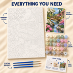 Garden Bridge paint by numbers kit showing numbered canvas, paint pots, three brushes, reference and guide