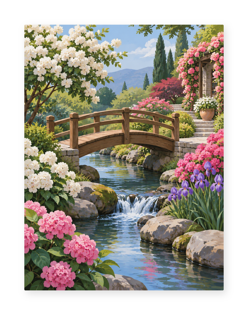 A wooden bridge over a flower-lined garden stream with distant mountains - paint by numbers artwork