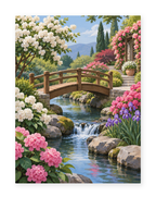 A wooden bridge over a flower-lined garden stream with distant mountains - paint by numbers artwork