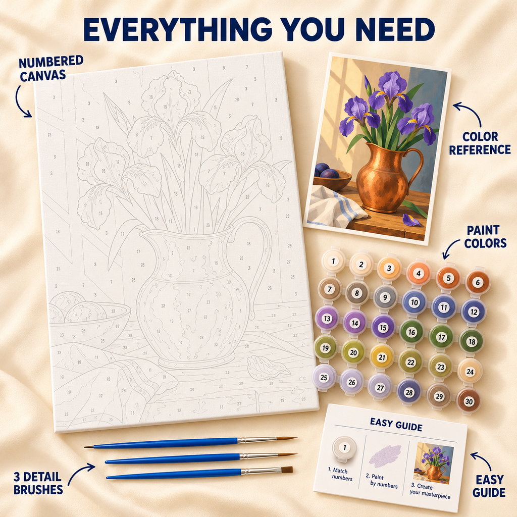 Copper Iris paint by numbers kit showing numbered canvas, paint pots, three brushes, reference and guide