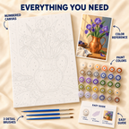 Copper Iris paint by numbers kit showing numbered canvas, paint pots, three brushes, reference and guide