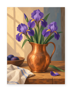 Purple irises in a copper pitcher beside a sunlit window - paint by numbers artwork
