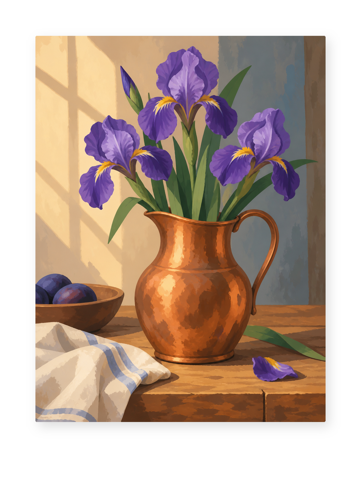 Purple irises in a copper pitcher beside a sunlit window - paint by numbers artwork