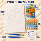 Orange Gerberas paint by numbers kit showing numbered canvas, paint pots, three brushes, reference and guide