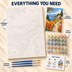 Tuscan Poppy Path paint by numbers kit showing numbered canvas, paint pots, three brushes, reference and guide