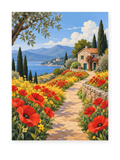A poppy-lined path beside a stone cottage overlooking blue water and distant mountains - paint by numbers artwork