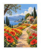 A poppy-lined path beside a stone cottage overlooking blue water and distant mountains - paint by numbers artwork