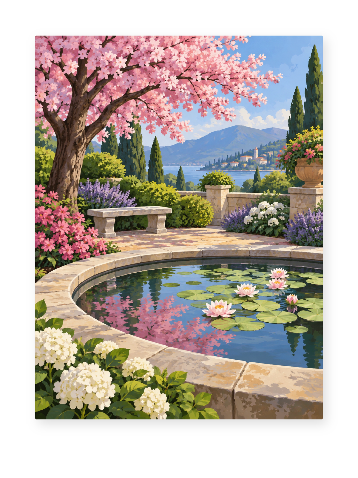 Cherry blossoms above a garden pond with water lilies and distant hills - paint by numbers artwork