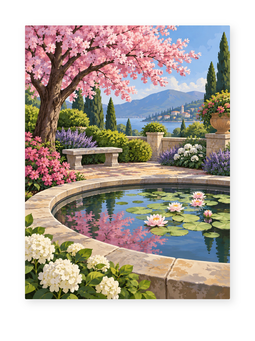 Cherry blossoms above a garden pond with water lilies and distant hills - paint by numbers artwork