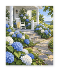 Blue and white hydrangeas beside a white porch and stone garden path - paint by numbers artwork