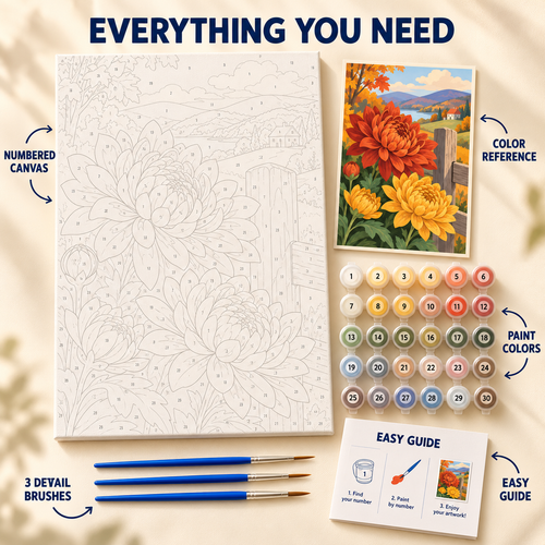 Autumn Chrysanthemums paint by numbers kit showing numbered canvas, paint pots, three brushes, reference and guide