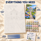Hydrangea Gazebo paint by numbers kit showing numbered canvas, paint pots, three brushes, reference and guide