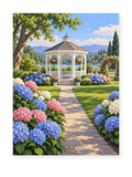 A white gazebo at the end of a hydrangea-lined garden path - paint by numbers artwork