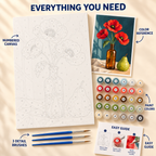 Poppies and Pear paint by numbers kit showing numbered canvas, paint pots, three brushes, reference and guide