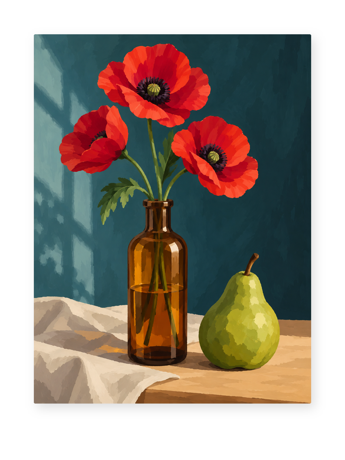 Red poppies in an amber glass bottle beside a green pear - paint by numbers artwork
