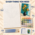 Bird of Paradise paint by numbers kit showing numbered canvas, paint pots, three brushes, reference and guide