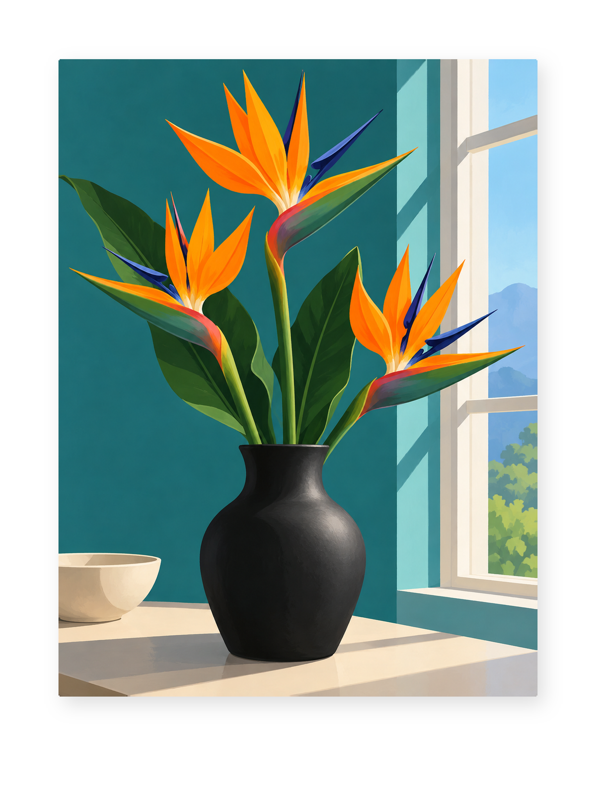 Orange bird-of-paradise flowers in a black vase beside a sunny window - paint by numbers artwork