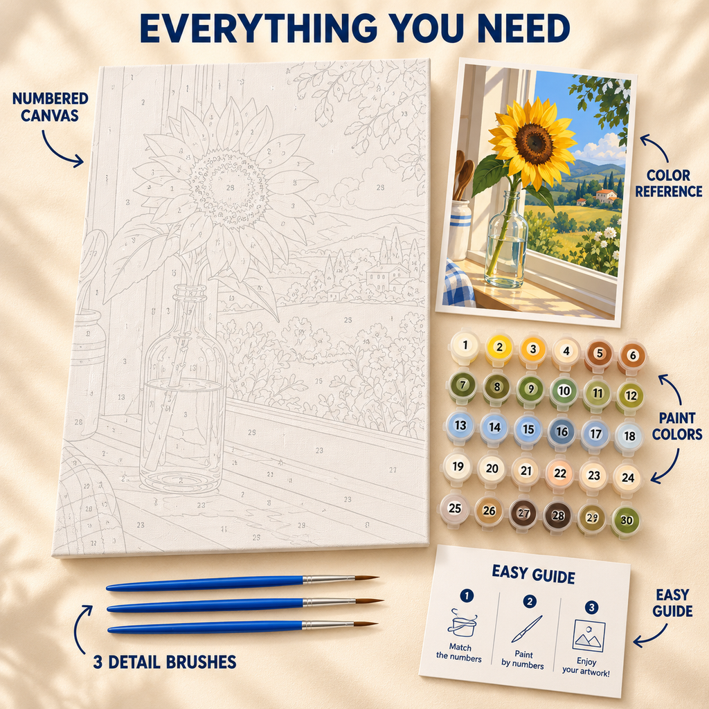 Tuscan Sunflower paint by numbers kit showing numbered canvas, paint pots, three brushes, reference and guide