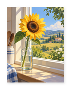 A sunflower in a glass bottle on a windowsill overlooking green farmland and distant hills - paint by numbers artwork