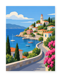 A colorful coastal village and winding road above blue water with distant mountains - paint by numbers artwork