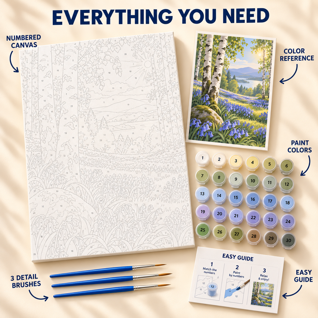 Bluebell Birch Grove paint by numbers kit showing numbered canvas, paint pots, three brushes, reference and guide