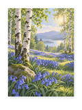 Bluebells among white birch trees overlooking a lake and distant hills - paint by numbers artwork